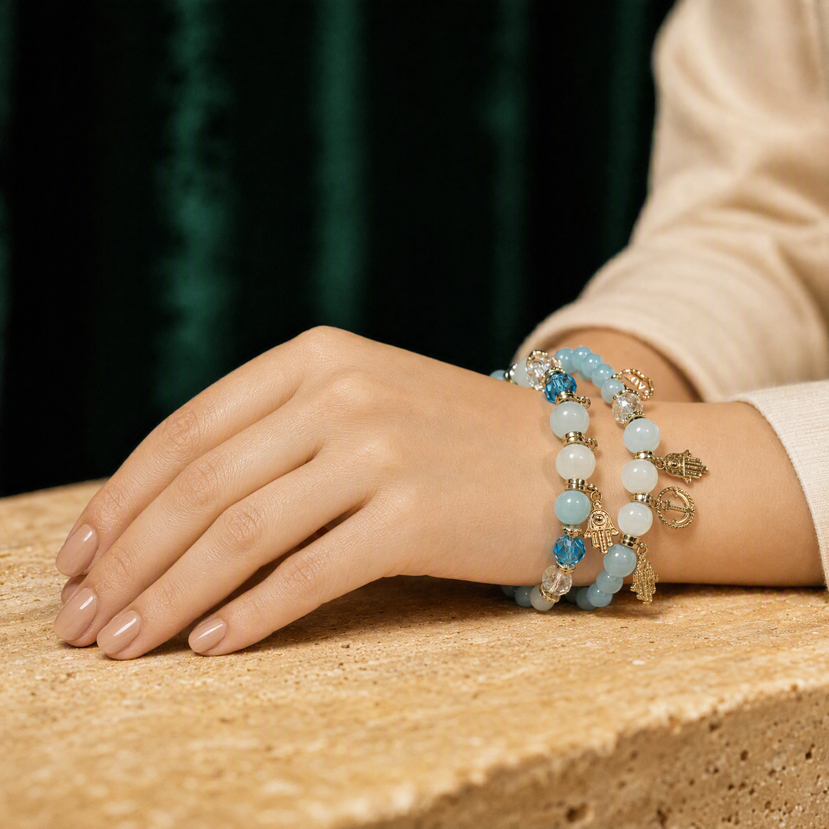 Blue charm beaded bracelet styled view