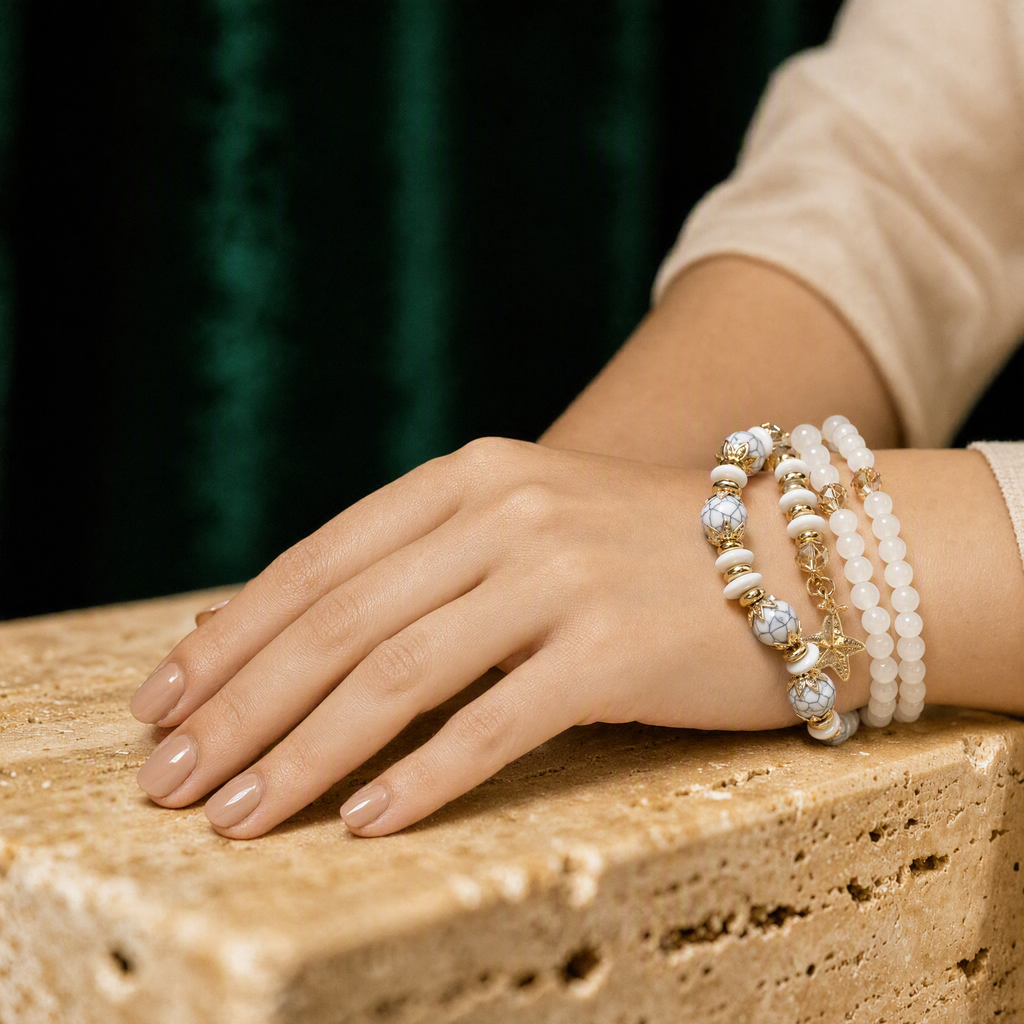 White and gold bracelet set styled view