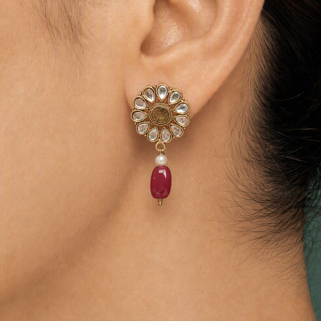 Clear floral red drop earrings styled view