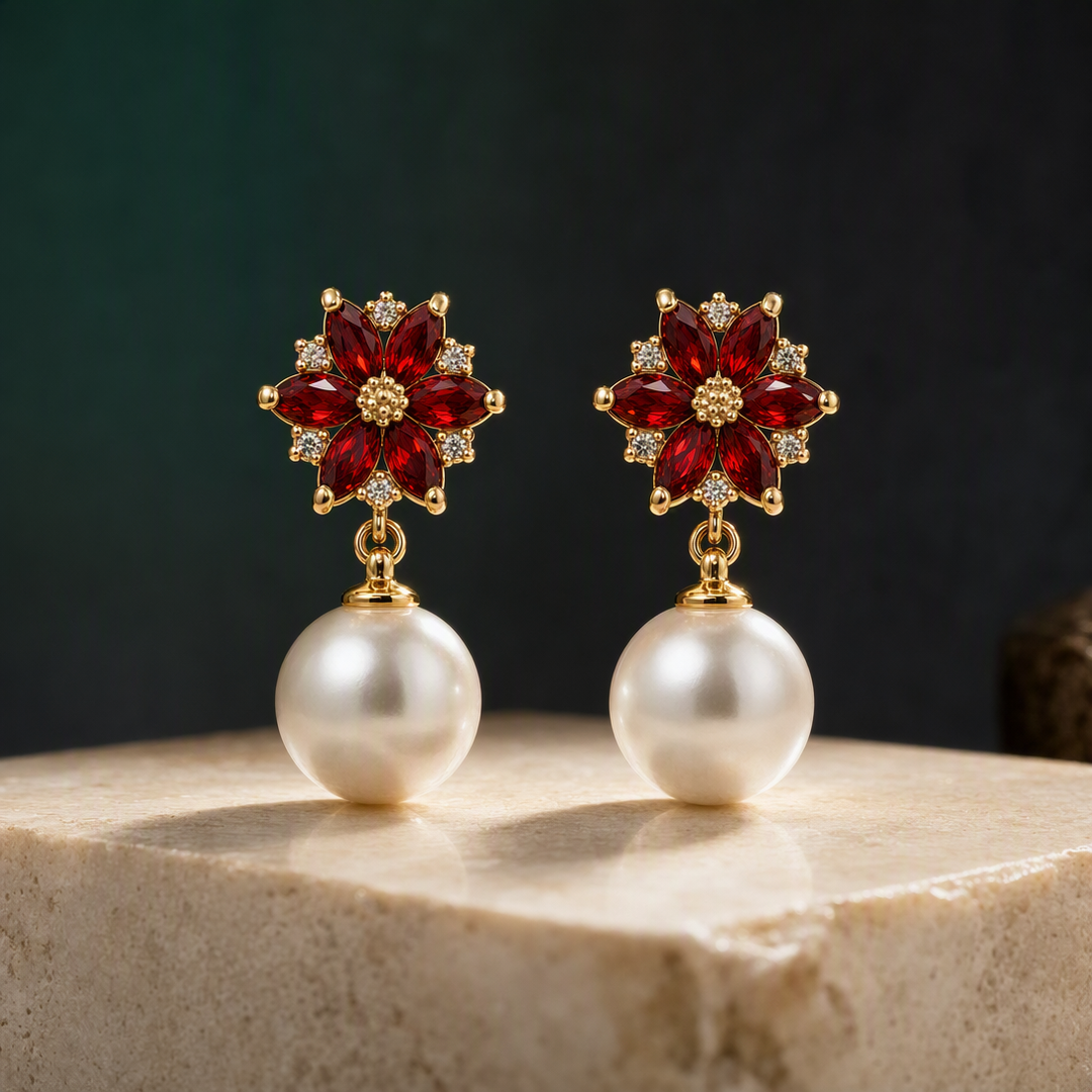 Red floral pearl drop earrings square product view