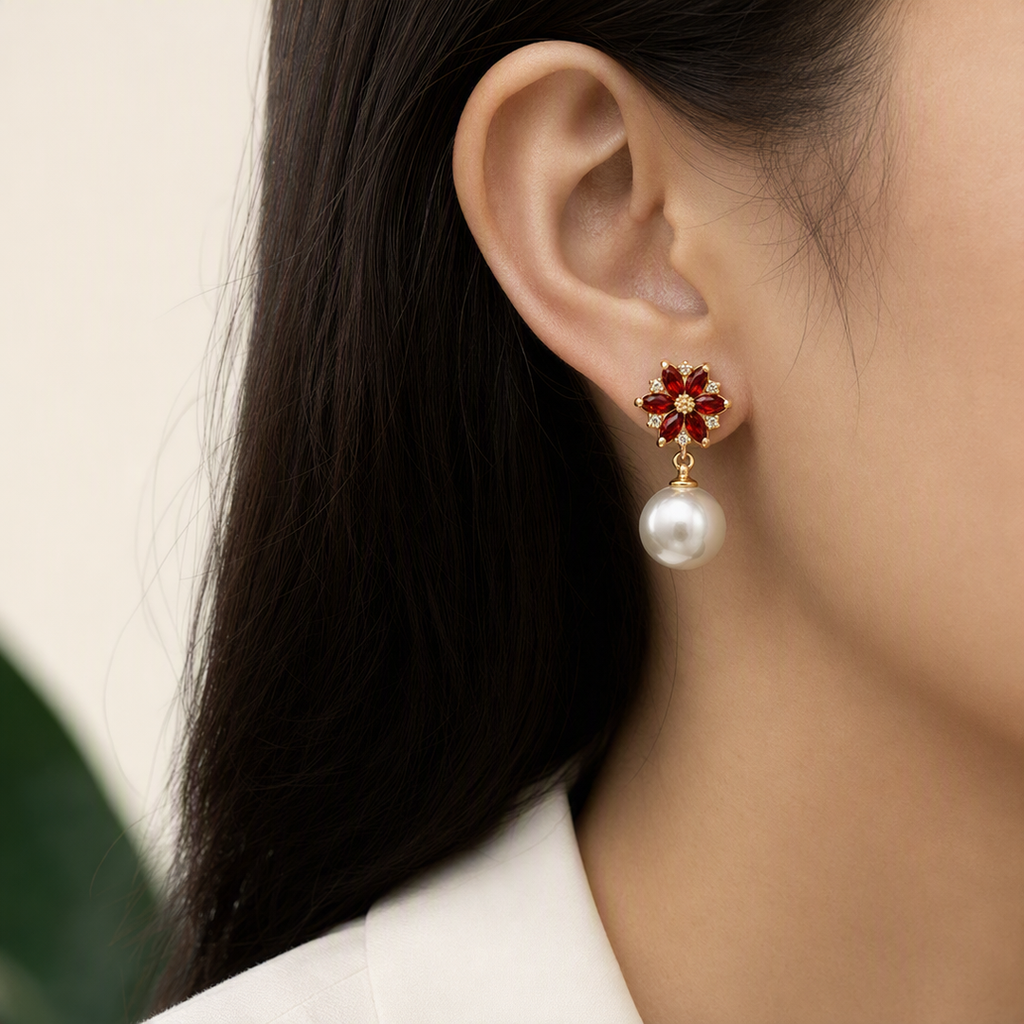 Red floral pearl drop earrings styled view