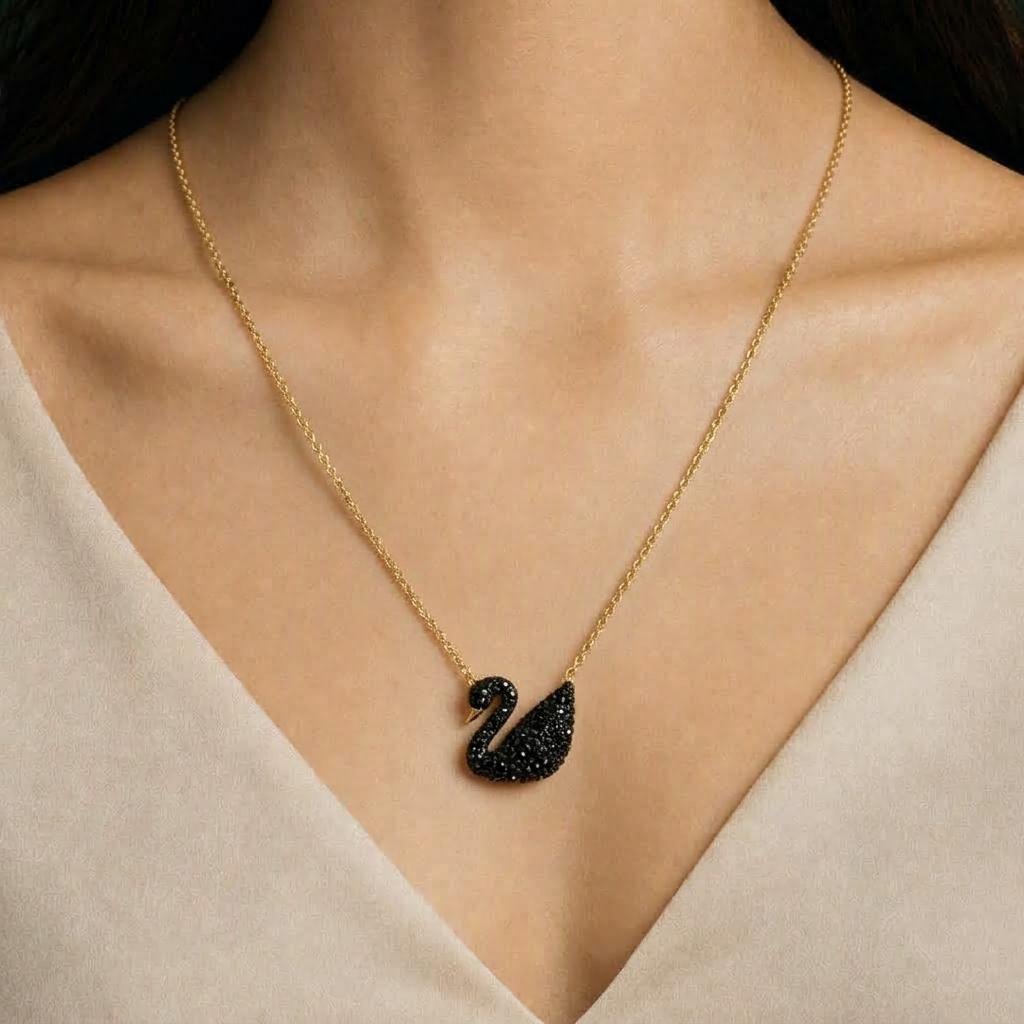 Black Swan Pave Pendant Necklace worn on model view 2