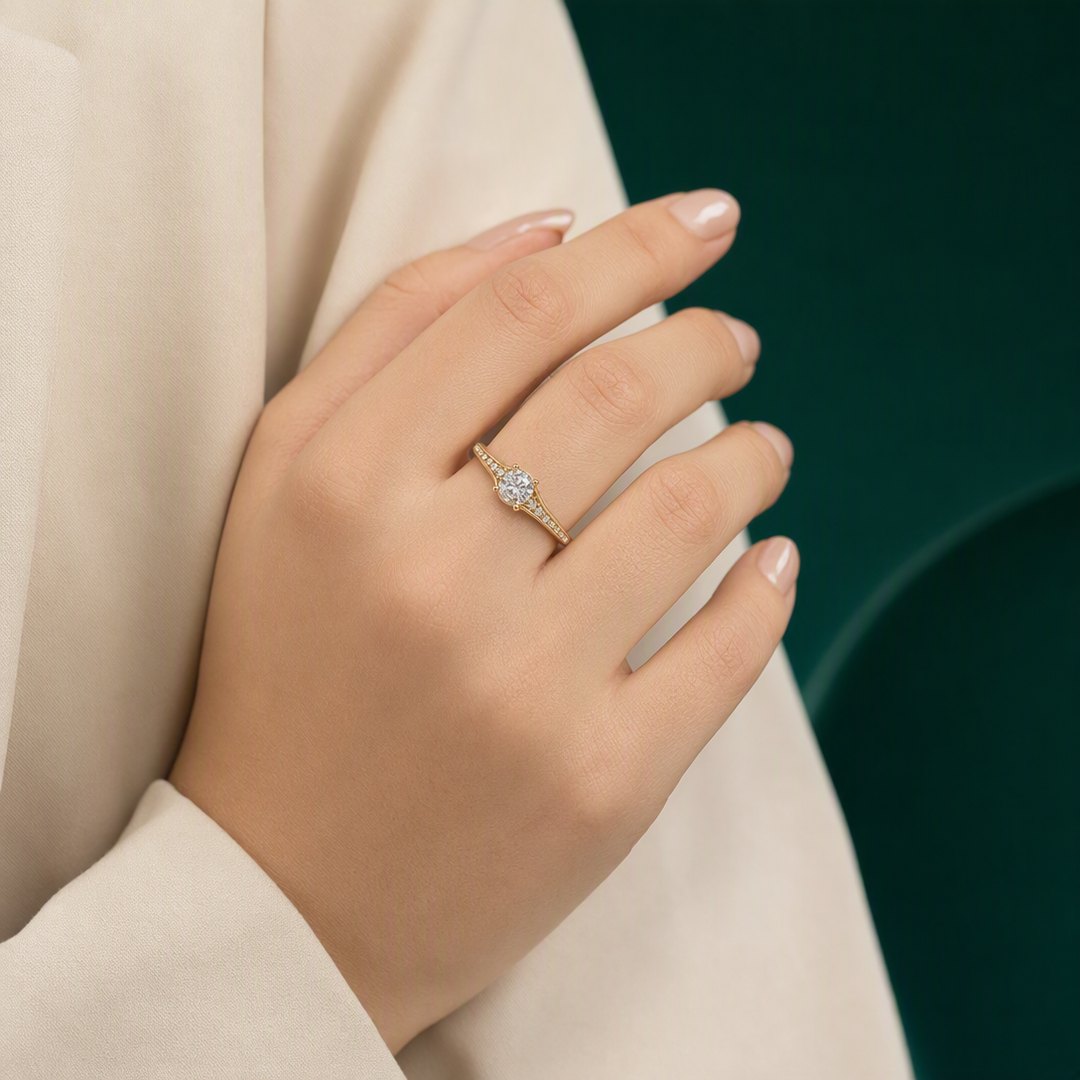 Classic Solitaire Pave Ring worn on model view 4