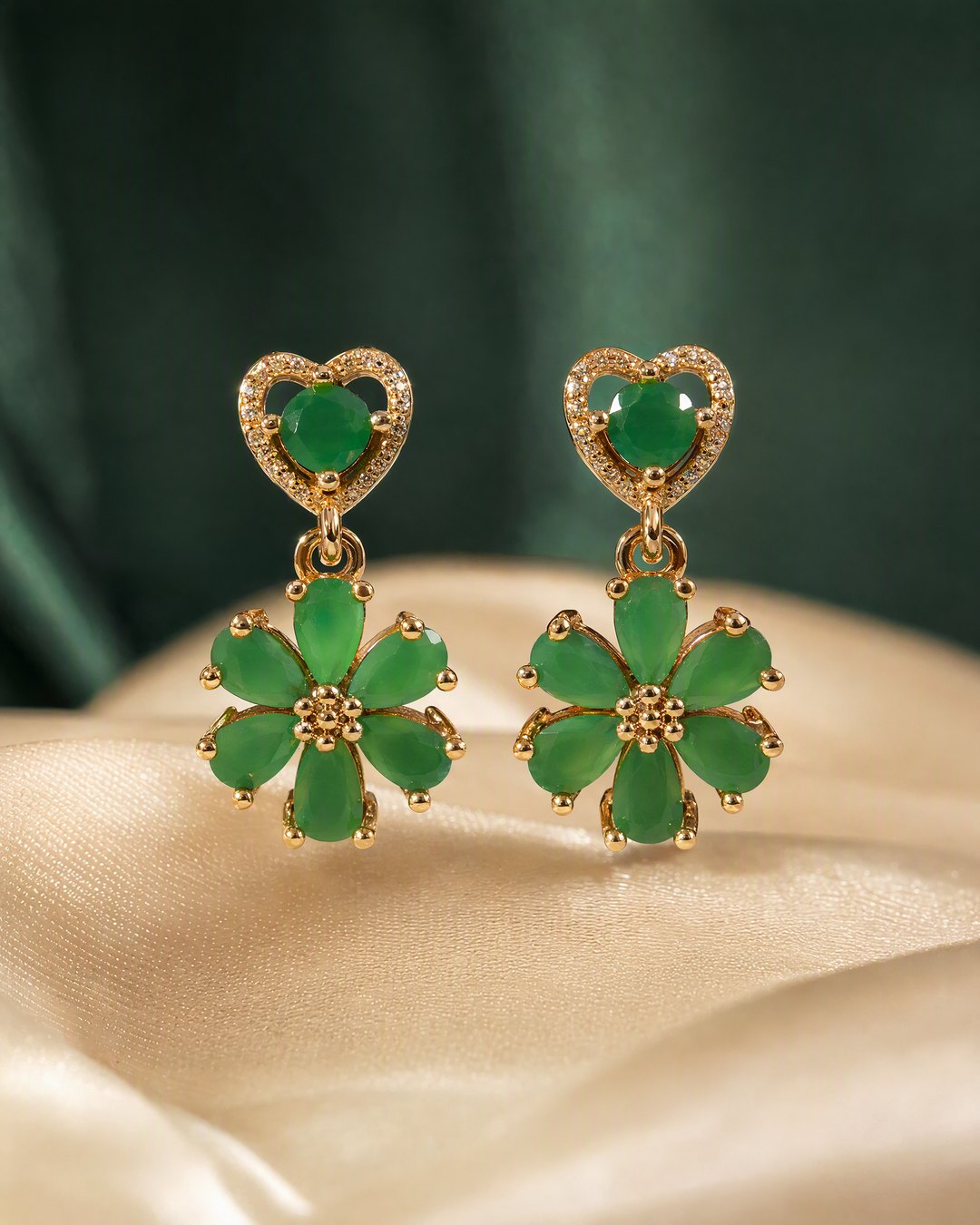 Emerald Heart Flower Drop Earrings by RARE