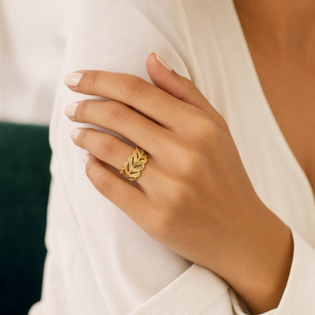 Feather Leaf Band Ring worn on model view 3