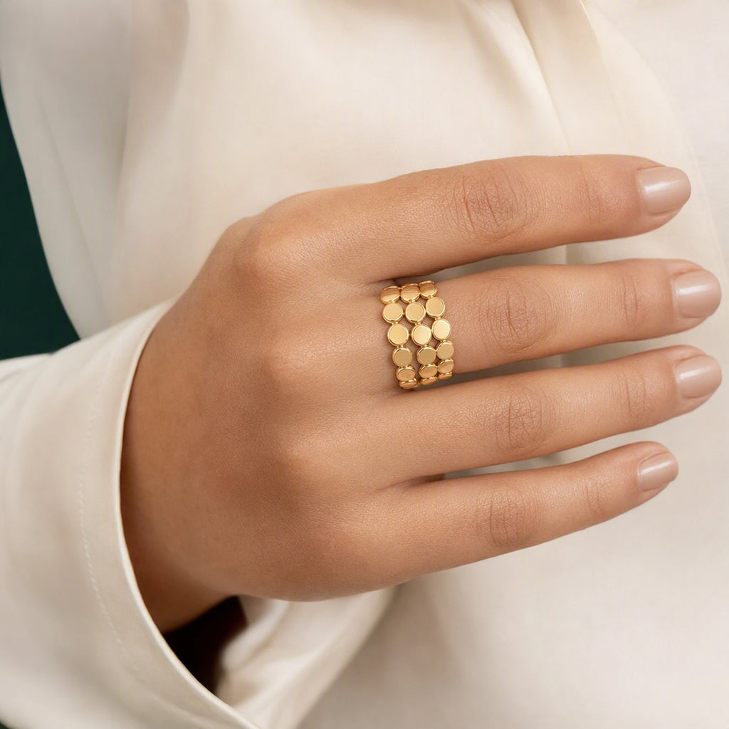 Golden Disc Wide Band Ring worn on model view 3