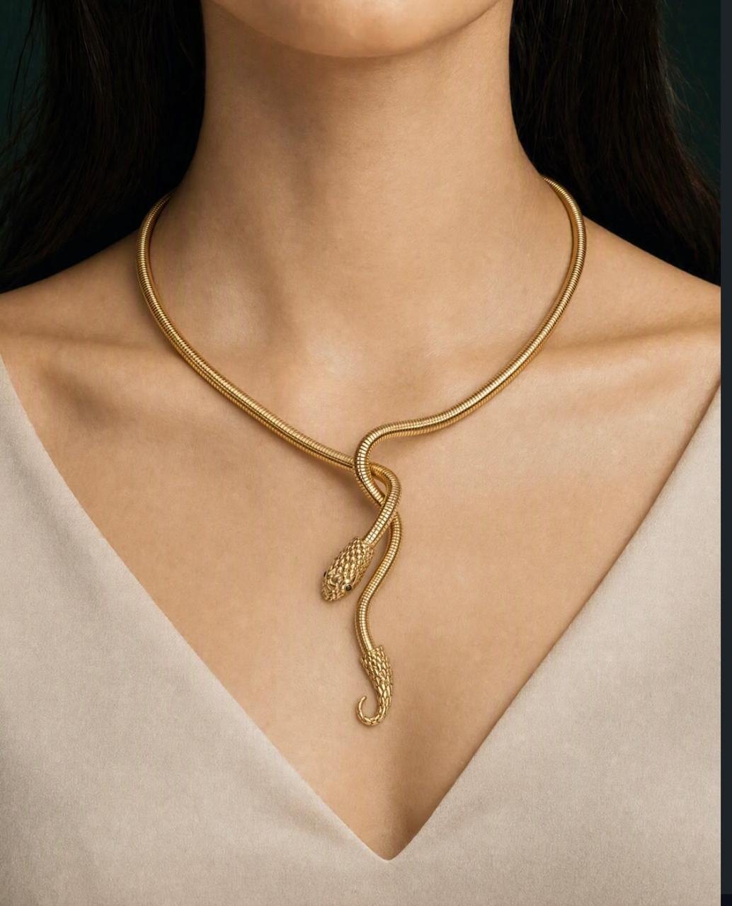 Golden Serpent Collar Necklace worn on model view 2