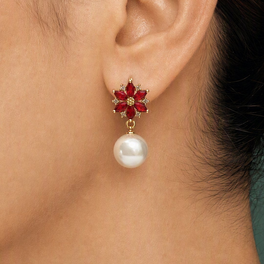 Ruby Blossom Pearl Drop Earrings worn on model view 3