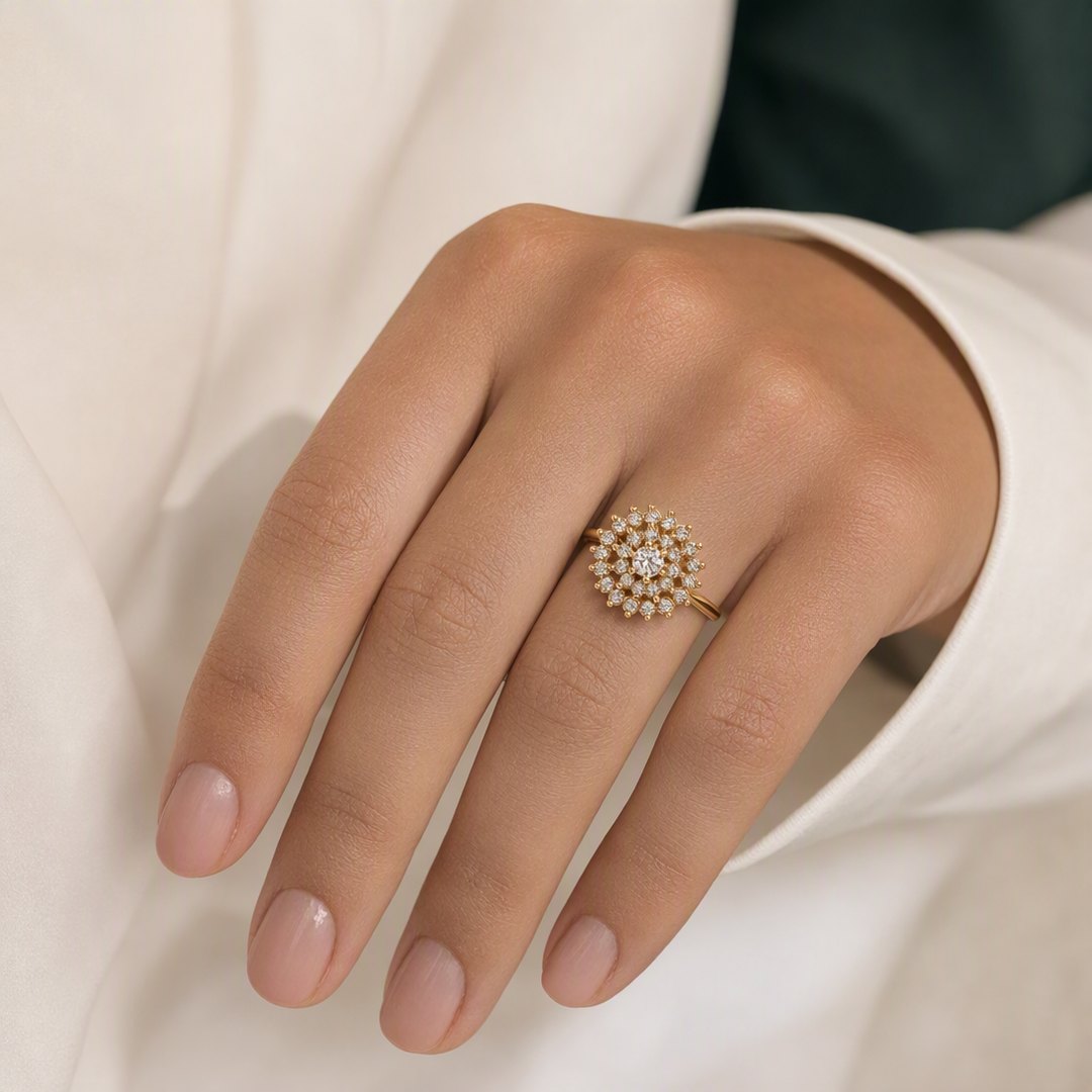 Sunburst Cluster Ring worn on model view 2