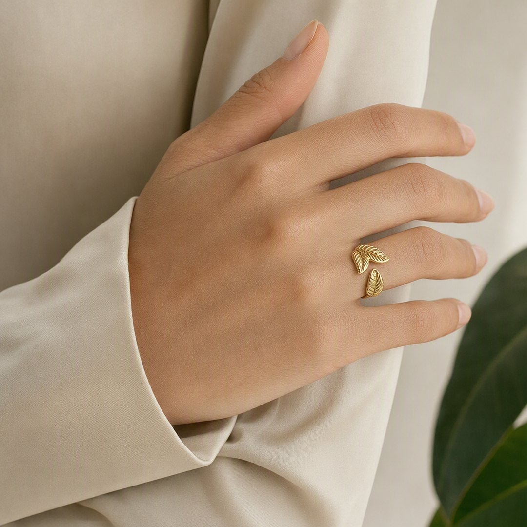 Twin Leaf Open Ring worn on model view 3