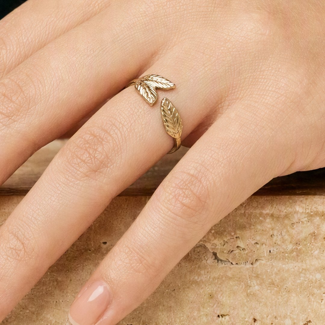 Twin Leaf Open Ring worn on model view 4