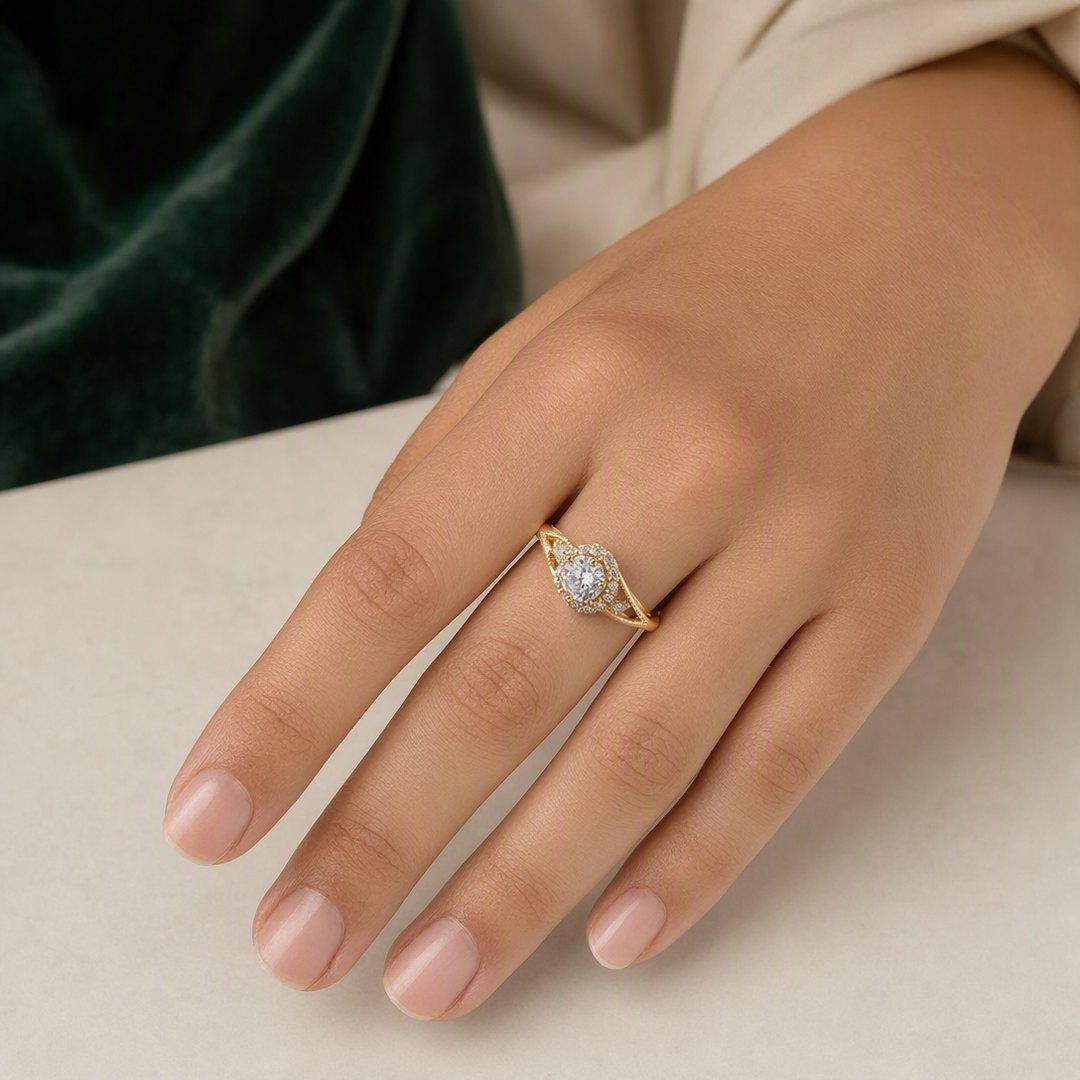 Vintage Split-Shank Halo Ring worn on model view 3