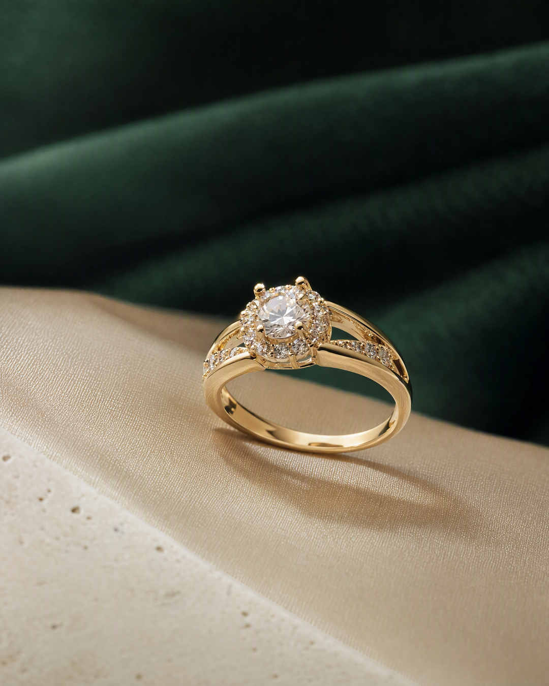 Split-shank halo ring portrait product view